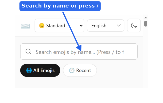 Search emojis by name or press the slash key on the emoji keyboard mobile view